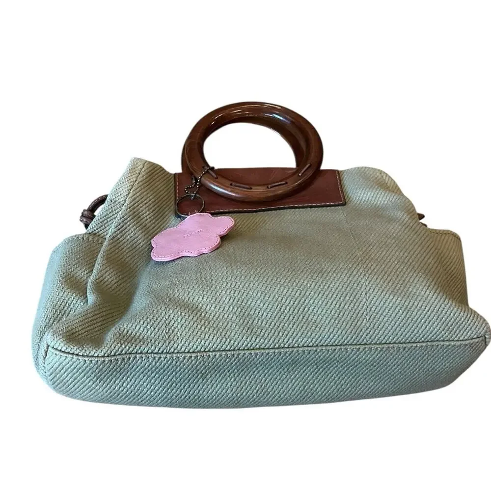 Fossil Wood Handle Rings purse Green Canvas Floral Logo Striped Lining